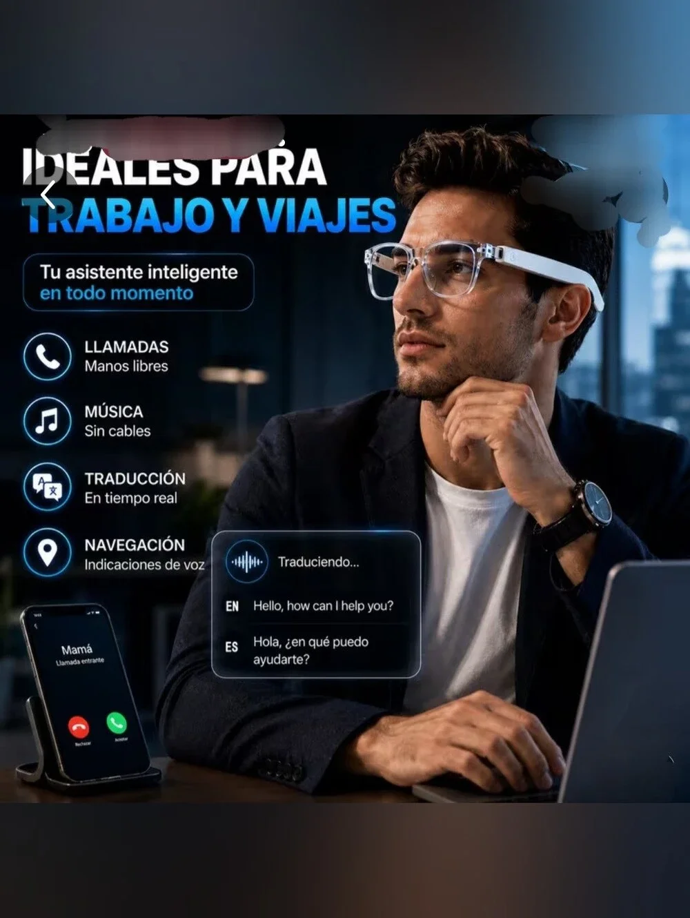 Smart Translation Glasses - Black, Bluetooth, IA